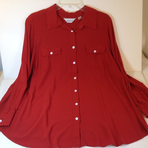 Avenue Long Sleeve Button Up Top Red Blouse Chest Pockets Size 22-24 - Picture 3 of 10